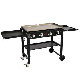 Commercial Griddle on Cart, 36" Heavy Duty Manual Flat Top Griddle, Outdoor Cooking Station with Side Shelves, Steel Propane Gas Griddle