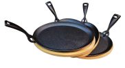HAWOK Cast Iron Fajita pan with Bamboo Tray and Handle Set of 4
