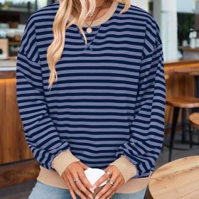 Women's Casual Crewneck Striped Long Sleeve Sweatshirt - Comfortable Loose Fit Ribbed Knit Top For Spring&Fall (Option: Denim blue-S)