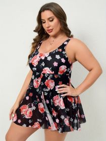 Plus Size One-piece Mesh Skirt Printed Backless Sexy Swimsuit Women's One-piece (Option: Black-5XL)