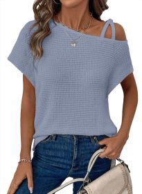 Women's Short-sleeved Solid Color Top Fashionable All-match Off-shoulder Knitted T-shirt (Option: Sky Blue-XL)