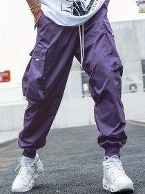 Multi-pocket Cargo Pants Men's Casual Hip-Hop Drawstring Trousers Outdoor Streetwear Sports Pant (Option: Purple-M)