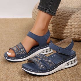 Summer Rhinestone Wedges Sandals Casual Sports Air Cushion Bottom Beach Shoes For Women Roman Sandals (Option: Blue-Size42)