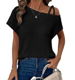 Women's Short-sleeved Solid Color Top Fashionable All-match Off-shoulder Knitted T-shirt (Option: Black-XL)