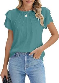 Summer Pleated Short Sleeve Round Neck Top Business Work Shirt (Option: Green-S)