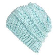 Mixed Color Knitted Wool Hat Ladies Non-labeled Ponytail Hat (Color: Blue)