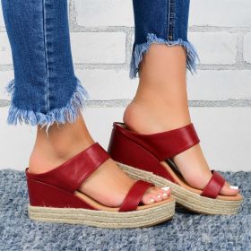 Wedge Heel Slippers Casual Sandals Hemp High Wedge Heel Shoes (Option: Red-38)
