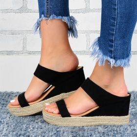 Wedge Heel Slippers Casual Sandals Hemp High Wedge Heel Shoes (Option: Black-37)