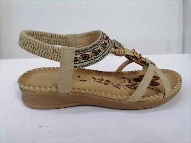 Large Size Flat Sandals Flower Rhinestone Sandals Beach Shoes (Option: Apricot-39)
