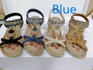 Large Size Flat Sandals Flower Rhinestone Sandals Beach Shoes (Option: Royal Blue-42)