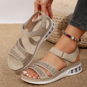 Summer Rhinestone Wedges Sandals Casual Sports Air Cushion Bottom Beach Shoes For Women Roman Sandals (Option: Beige-Size38)