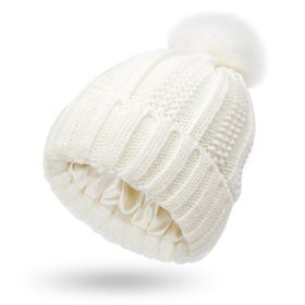 Fashion Stretchy Satin Lined Skull Knit Hats Beanie Hat For Women Faux Fur Pom Pom Hat Winter Keep Warming Beanie Hat (Option: White-One size)