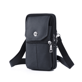 Leather Mobile Phone Shoulder Covers, Men's Belt Bags, Vertical Holster Belt Clip Pockets, Carrying Cases With Card Slots (Color: Black)