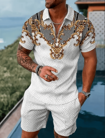Polo Shirt Sports Short Sleeve Shorts Suit For Men (Option: Gray gold-S)
