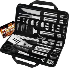 POLIGO 29 PCS BBQ Grill Accessories Stainless Steel BBQ Tools Grilling Tools Set With Storage Bag For Fathers Day Dads Birthday Presents - Camping Gri (Color: Black)