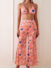 Women's Fashionable Bikini Set With Sexy Pink Butterfly Print And Lace Straps. Beach Style. (Option: S-Pink)