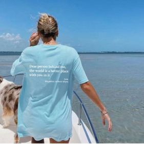 New Fashion Womens Letter T-Shirt Round Neck Short Sleeve Slogan Tee Top (Option: Light blue with white text-4XL)