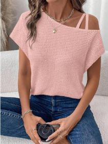 Women's Short-sleeved Solid Color Top Fashionable All-match Off-shoulder Knitted T-shirt (Option: Pink-XXL)