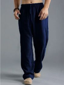 Men's Breathable Linen Loose Casual Sports Pants (Option: Dark Blue-4XL)