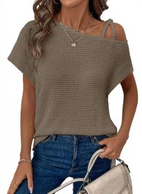 Women's Short-sleeved Solid Color Top Fashionable All-match Off-shoulder Knitted T-shirt (Option: Brown-S)