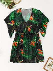 Women's Plus-size Sexy Semi-transparent Tank Top Cover-up Swimsuit With Tropical Print, Sun Protection, Vacation Style. (Option: Green-2XL)