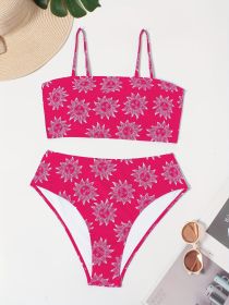 Women's Large-size Bikini Set With Random Prints - Sunflower Pattern - Swimsuit Set For Vacation Style. (Option: Rose red-1XL)