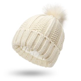 Fashion Stretchy Satin Lined Skull Knit Hats Beanie Hat For Women Faux Fur Pom Pom Hat Winter Keep Warming Beanie Hat (Option: Beige-One size)