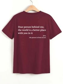 New Fashion Womens Letter T-Shirt Round Neck Short Sleeve Slogan Tee Top (Option: Wine red-S)