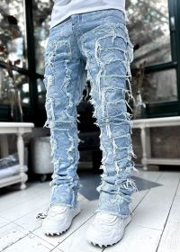 Men Trousers Individual Patched Pants Long Tight Fit Stacked Jeans For Mens Clothing (Option: Sky Blue-S)