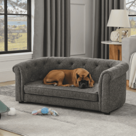 Pet Sofa With Arc-shaped Backrest And Armrests, Contemporary Rectangular Pet Sofa Crafted From Breathable Linen Cozy Soft Cushion Dog Sofa (Option: Dark Gray)