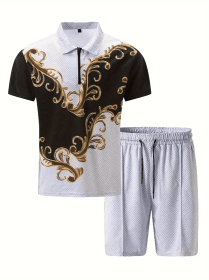 Polo Shirt Sports Short Sleeve Shorts Suit For Men (Option: Black white and gold-S)