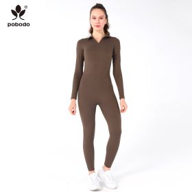 Polo Collar Long Jumpsuit (Option: Brown-XL)