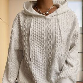 Women's Solid Color Ribbed Design Long Sleeve Hoodie - Loose Fit Drawstring Pullover For Fall & Winter Casual Wear (Option: Apricot-XXL)