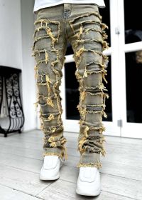 Men Trousers Individual Patched Pants Long Tight Fit Stacked Jeans For Mens Clothing (Option: Vintage blue-S)
