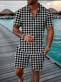 Polo Shirt Sports Short Sleeve Shorts Suit For Men (Option: Houndstooth-S)