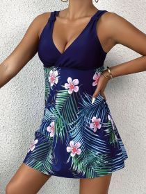 Women's Fashion Tankini Set, Sexy Solid Color V-neck Floral Print Swimsuit (Option: XL-Navy blue)