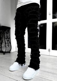 Men Trousers Individual Patched Pants Long Tight Fit Stacked Jeans For Mens Clothing (Option: Black-XXL)