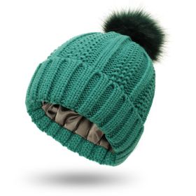 Fashion Stretchy Satin Lined Skull Knit Hats Beanie Hat For Women Faux Fur Pom Pom Hat Winter Keep Warming Beanie Hat (Option: Green-One size)