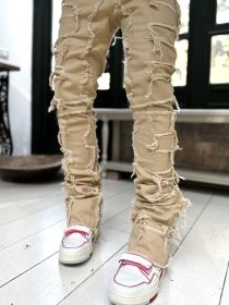 Men Trousers Individual Patched Pants Long Tight Fit Stacked Jeans For Mens Clothing (Option: Dark Khaki-XXL)