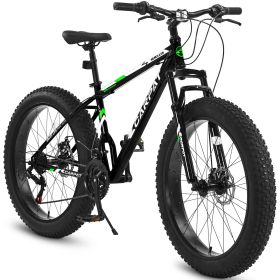 S26109 26 Inch Fat Tire Bike Adult-Youth Full Shimano 21 Speed Mountain Bike, Dual Disc Brake, High-Carbon Steel Frame, Front Suspension, Mountain Tra (Option: BLACK GREEN)