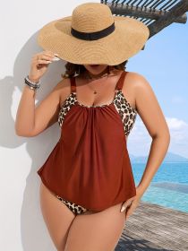 Women's Plus-size Tankini Set, Leopard Print, Halter-neck, Faux Two-piece, Figure-flattering, Two-piece, Vacation Style (Option: 0XL-Dark brown)