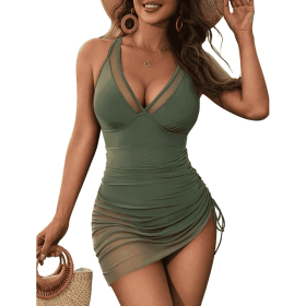 Women's One-Piece Swim Dress, Tummy Control Swimsuit With Mesh Sheer Sarong Wrap (Option: Army Green-S)