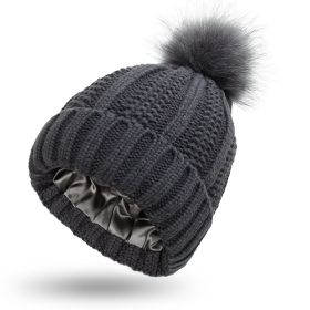 Fashion Stretchy Satin Lined Skull Knit Hats Beanie Hat For Women Faux Fur Pom Pom Hat Winter Keep Warming Beanie Hat (Option: Dark Grey-One size)