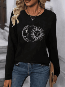 Women's Print Long-sleeved Hoodless Sweatshirt (Option: Black-M)