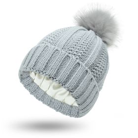 Fashion Stretchy Satin Lined Skull Knit Hats Beanie Hat For Women Faux Fur Pom Pom Hat Winter Keep Warming Beanie Hat (Option: Light Grey-One size)