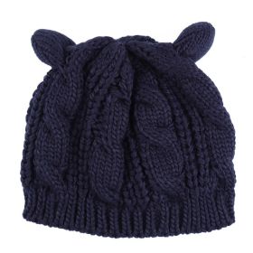Hand Made 3D Cute Knitted Cat Ear Beanie For Winter (Color: Dark Blue)