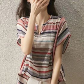 New Striped Shirt Women's Short Sleeve Loose (Option: Picture color-M)