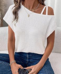 Women's Short-sleeved Solid Color Top Fashionable All-match Off-shoulder Knitted T-shirt (Option: White-L)