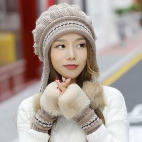 Cozy Knit Fleece-Feel Beanie With Ear Flaps & Pompom Warm Winter Hat For Women Perfect For Skiing & Outdoor Activities (Option: Grey-Without gloves)