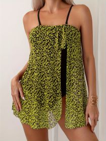 European And American Sexy Chest Mesh Skirt Leaf Print One-piece Swimsuit (Option: Yellow-S)